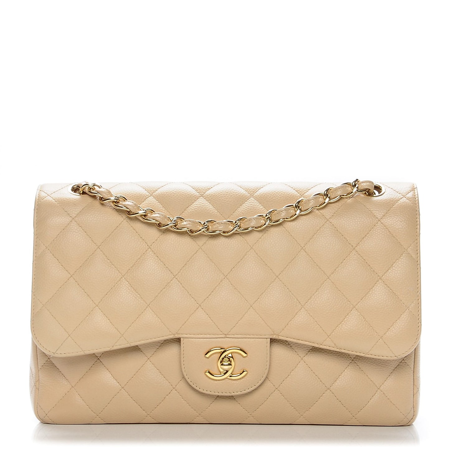 Caviar Quilted Jumbo Double Flap Beige