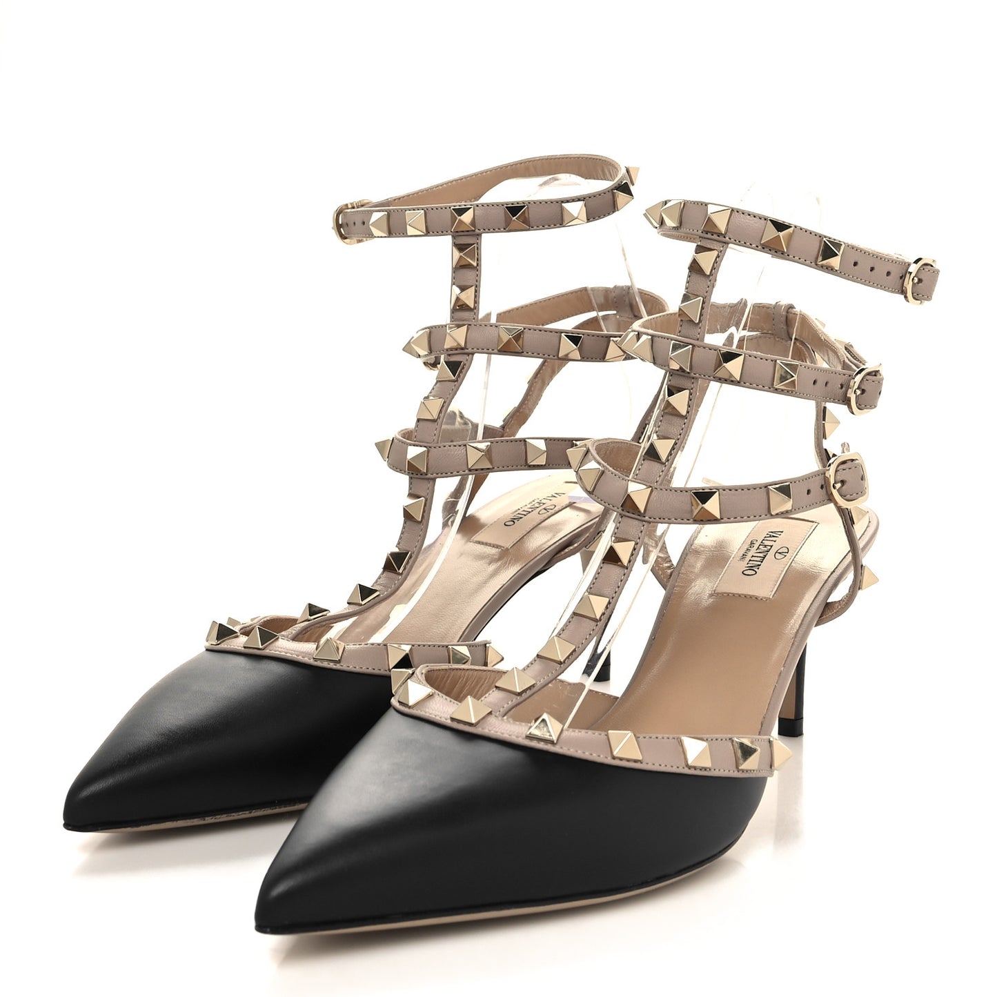 Calfskin Nappa Rockstud Ankle Strap 65mm Pumps 41 Black Poudre