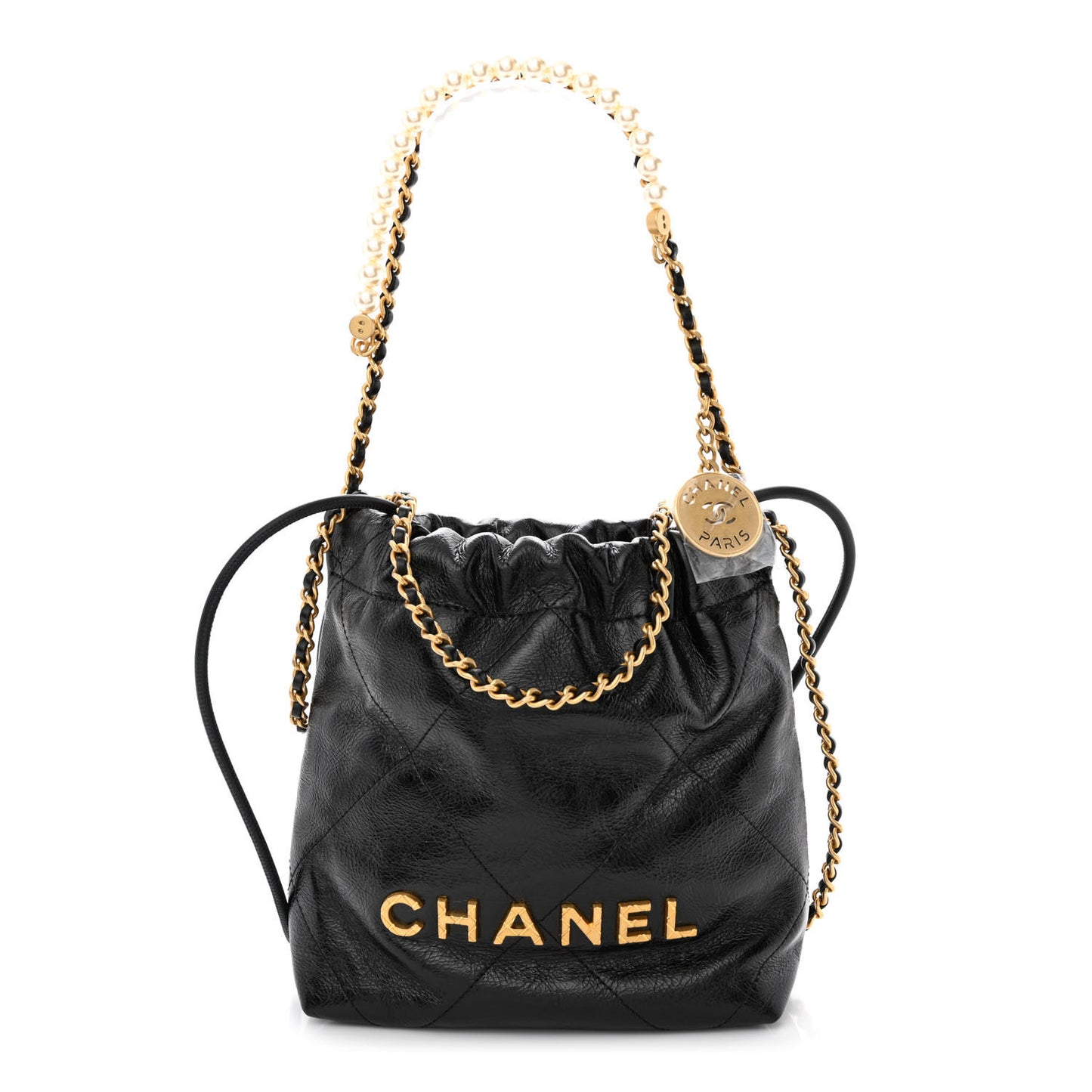 Shiny Crumpled Calfskin Quilted Pearl Mini Chanel 22 Black