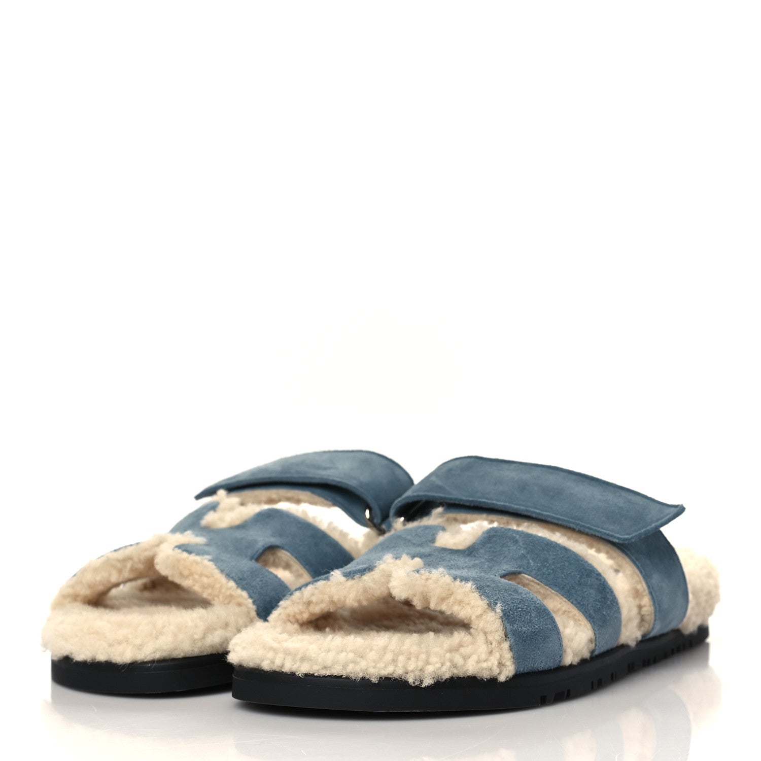 Hermes Suede Goatskin Woolskin Womens Chypre Sandals 37.5 Bleu Pinede Ecru 3 of 8