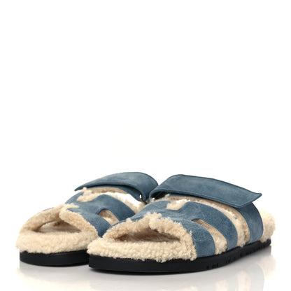 Hermes Suede Goatskin Woolskin Womens Chypre Sandals 37.5 Bleu Pinede Ecru 3 of 8