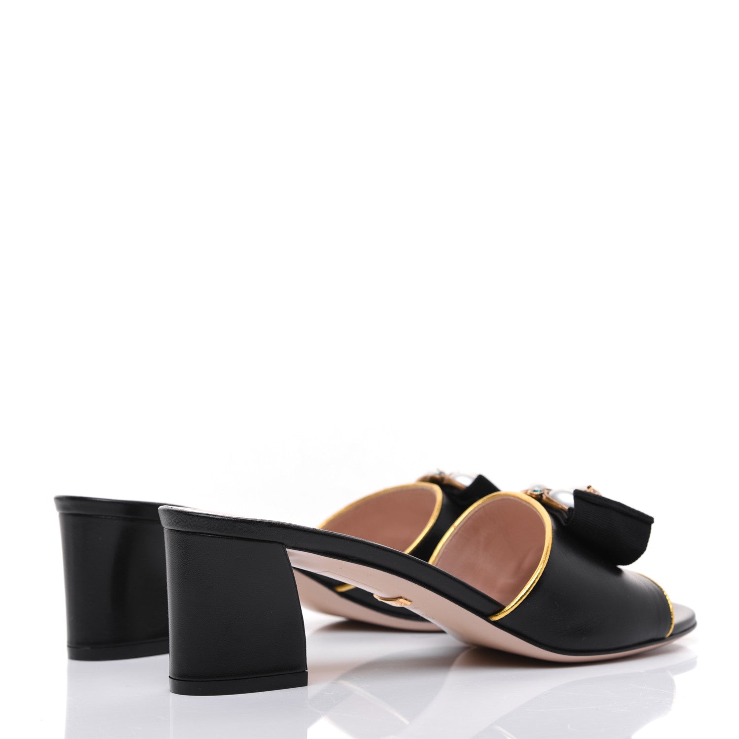 Gucci Nappa Silk Pearl Bee Embellished Mid Heel Slide Sandals 38.5 Black 4 of 14