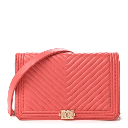 Chanel Calfskin Chevron Quilted Boy Wallet On Chain WOC Coral 1 of 12