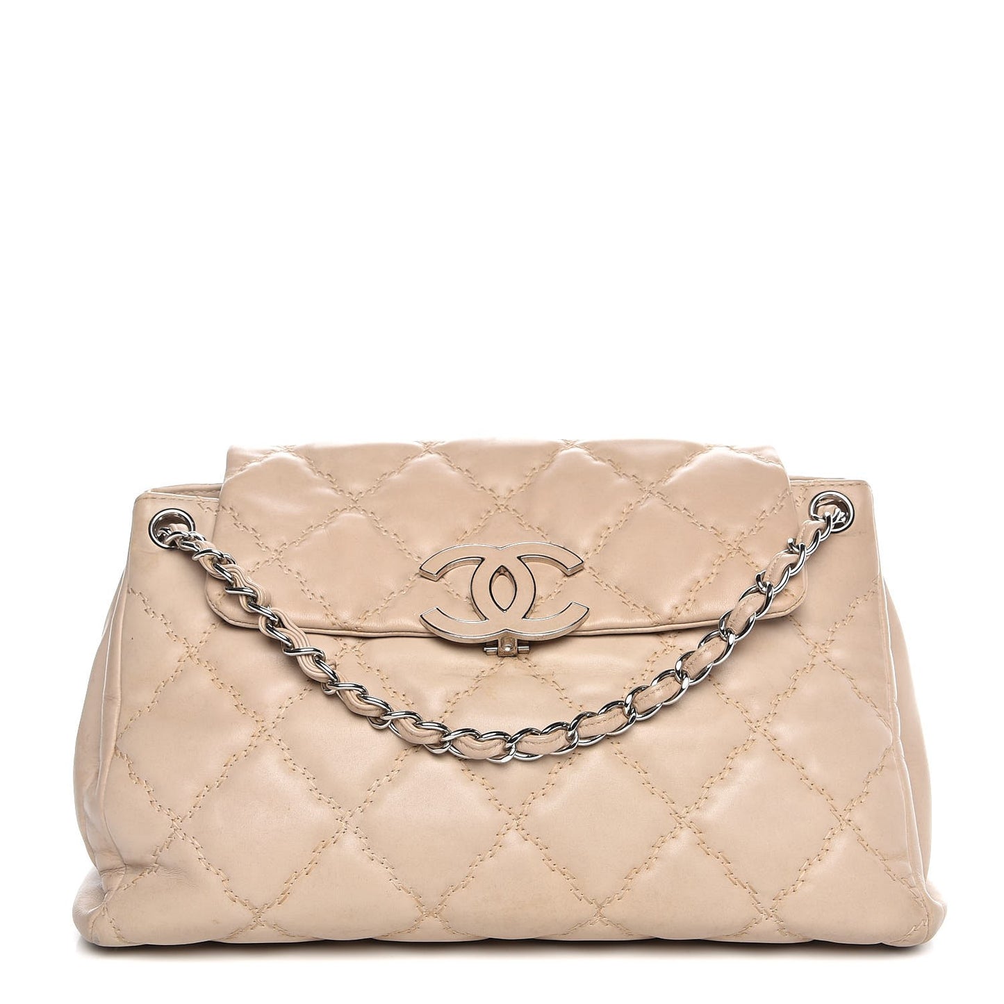 Calfskin Double Stitch Large Hamptons Flap Bag Beige