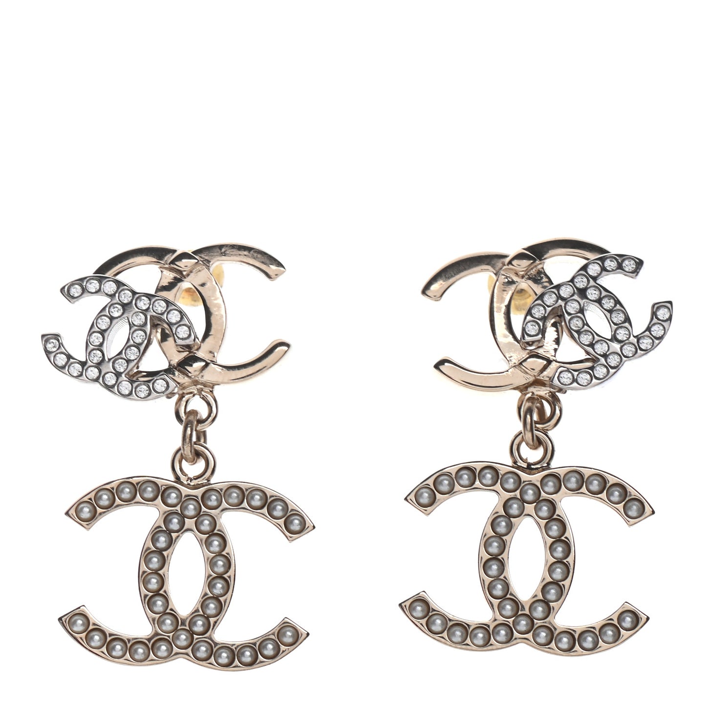 Crystal Pearl Double CC Drop Earrings Gold Silver