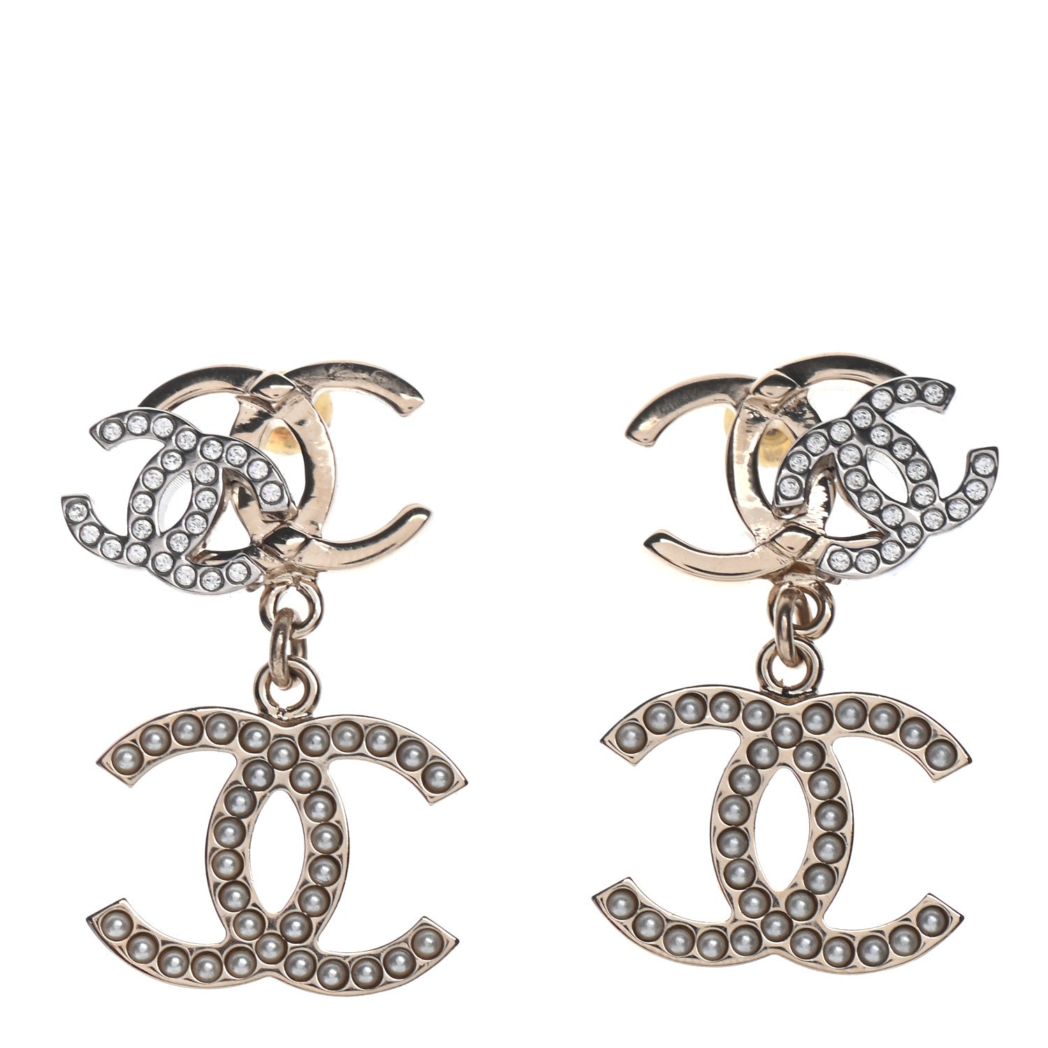 Chanel Crystal Pearl Double CC Drop Earrings Gold Silver 1 of 4