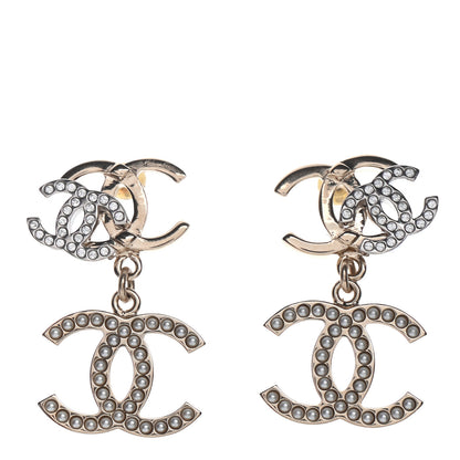Chanel Crystal Pearl Double CC Drop Earrings Gold Silver 1 of 4