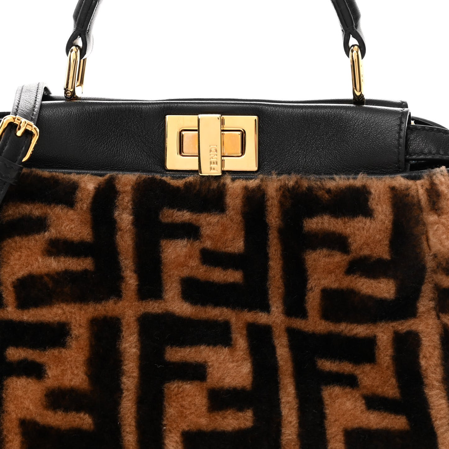Shearling Nappa Macro FF 1974 Mini Peekaboo Iconic Satchel Tobacco Black