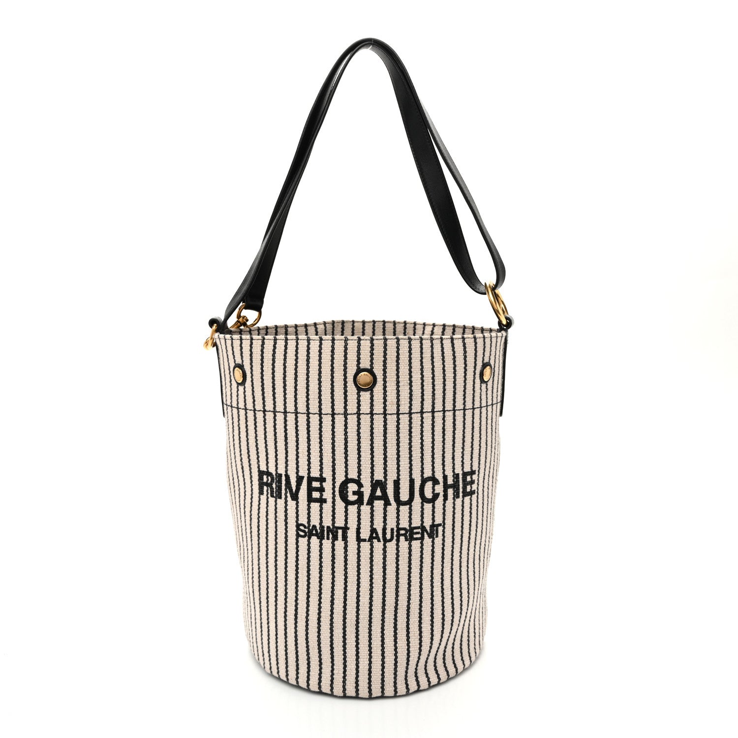 Saint Laurent Linen Calfskin Striped Rive Gauche Bucket Bag Grey Cream Black 1 of 10
