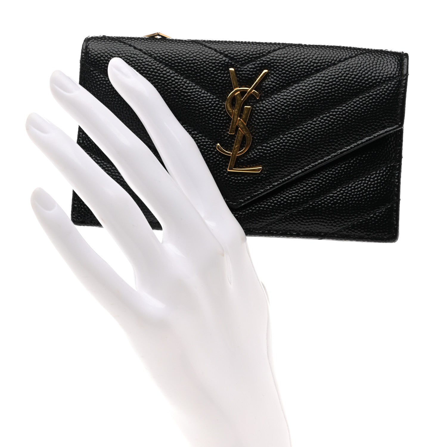 Saint Laurent Grain De Poudre Matelasse Chevron Monogram Compact Wallet Black 2 of 7
