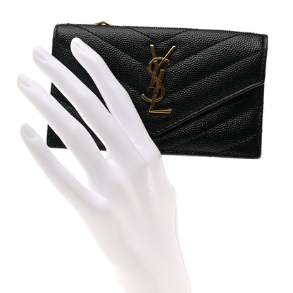 Saint Laurent Grain De Poudre Matelasse Chevron Monogram Compact Wallet Black 2 of 7