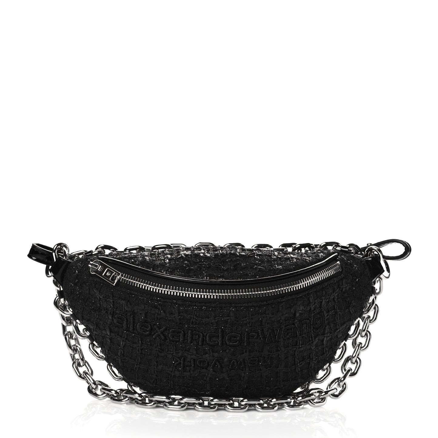 Patent Tweed Chain Embellished Attica Belt Bag Black