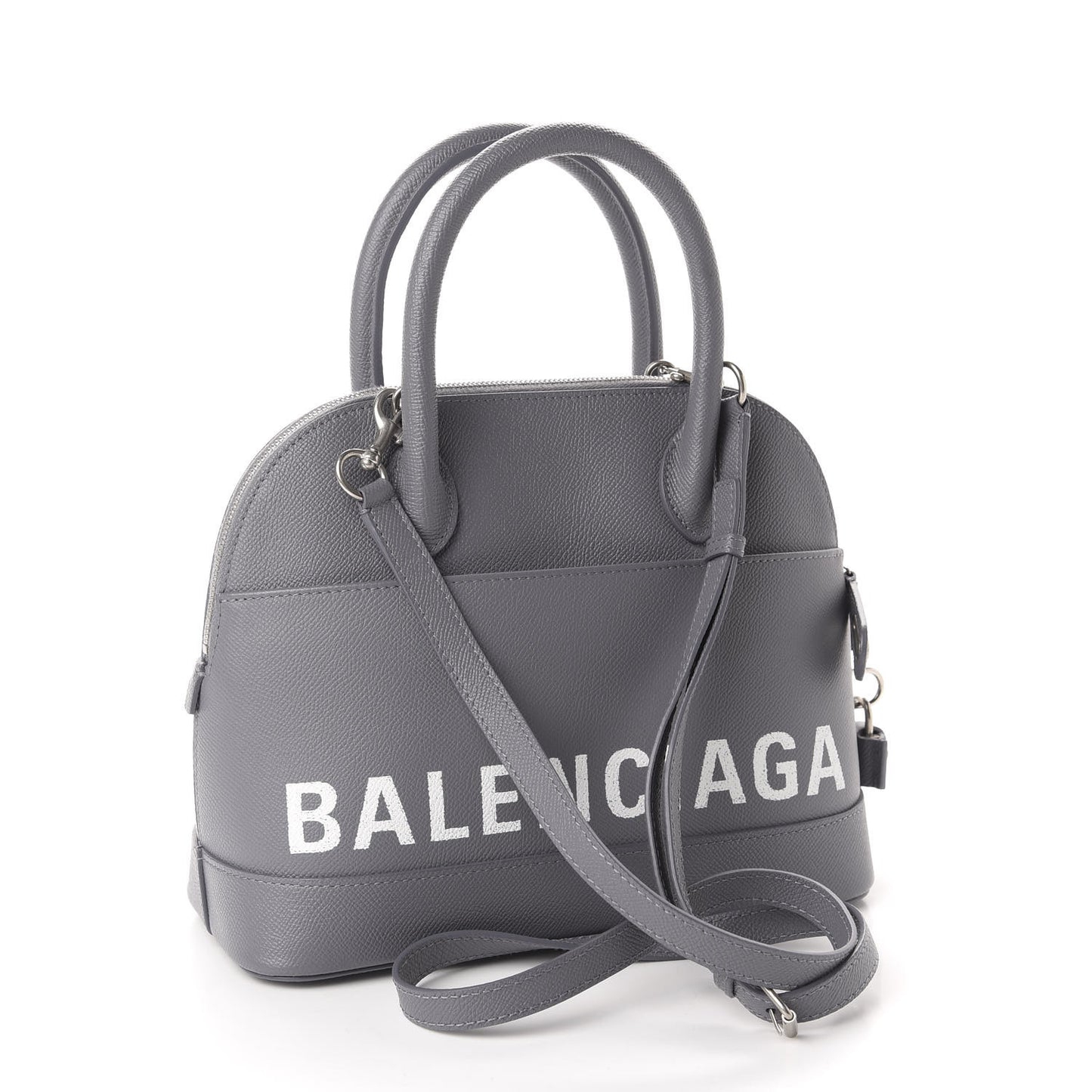 Signature Grained Calfskin Logo S Ville Top Handle Bag Gris Perle Fonce White