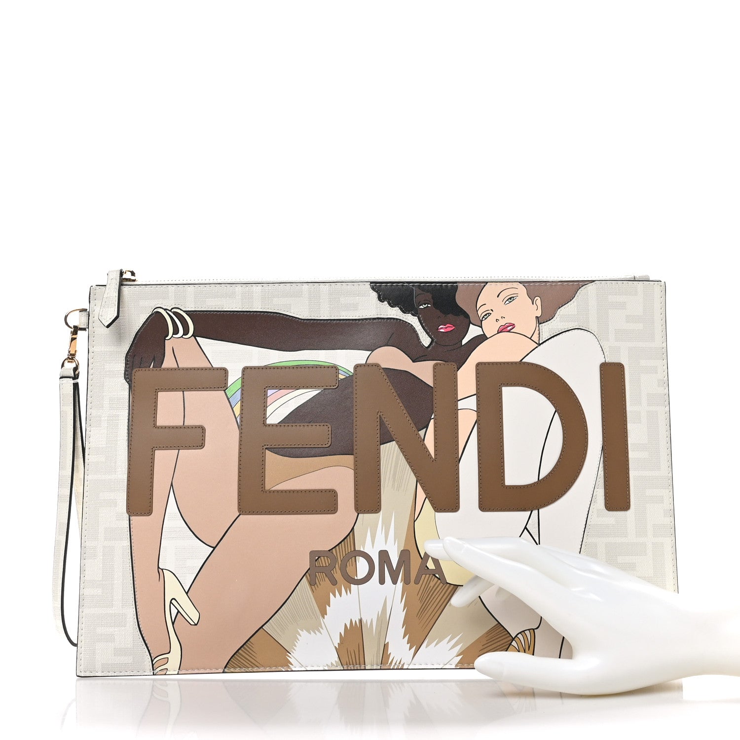 Fendi Glazed Fabric Vitello Liberty FF 1974 Logo Bikini Girls Inlay Large Flat Pouch Bianco Perla Multicolor 2 of 7