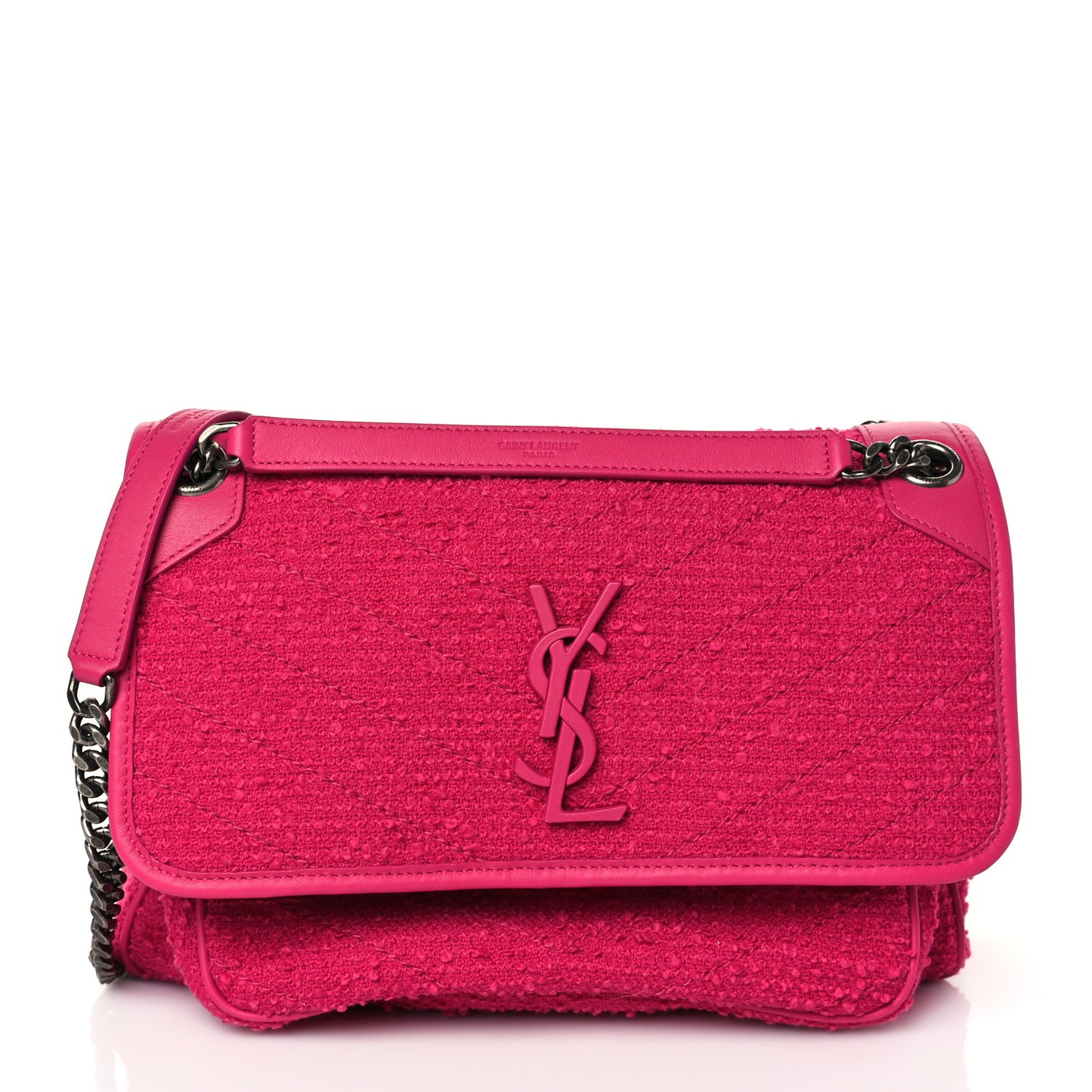 Tweed Calfskin Matelasse Monogram Medium Niki Chain Satchel Magenta