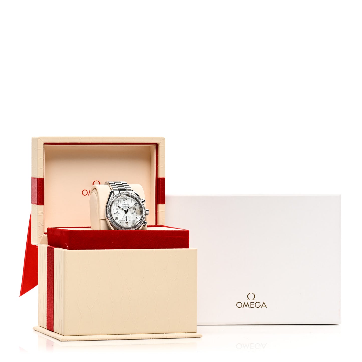 Stainless Steel Diamond Bezel Mother of Pearl 38mm Speedmaster Chronograph Automatic Watch 324.15.38.40.05.001