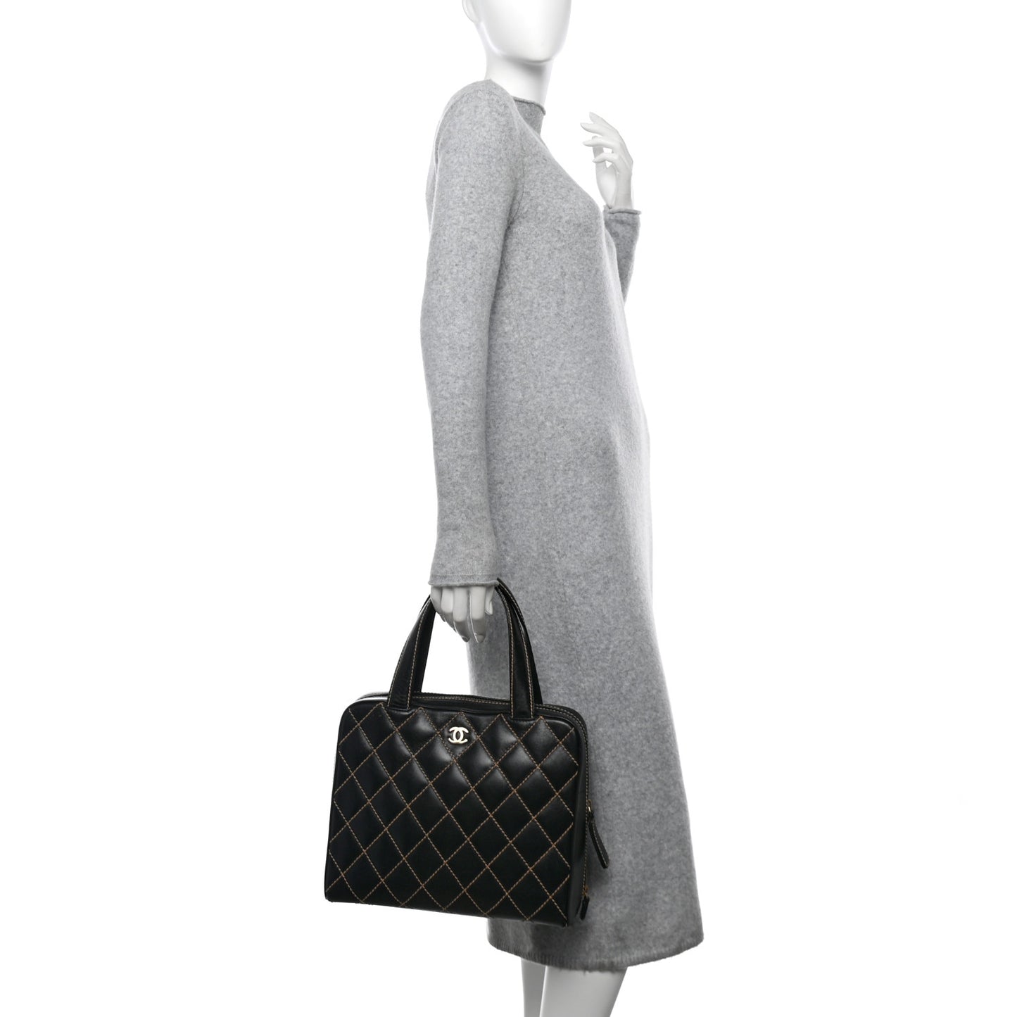 Calfskin Wild Stitch Vertical Top Handle Bag Black