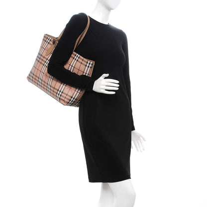 Burberry Grainy Calfskin Haymarket Check Medium Reversible Tote Camel 2 of 7