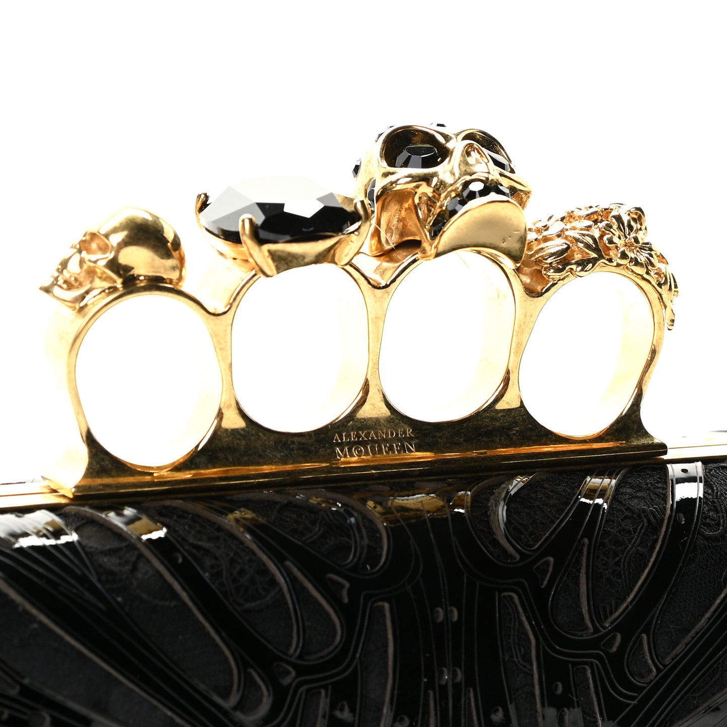 Satin Lace Patent Skull Knuckle Box Clutch Black