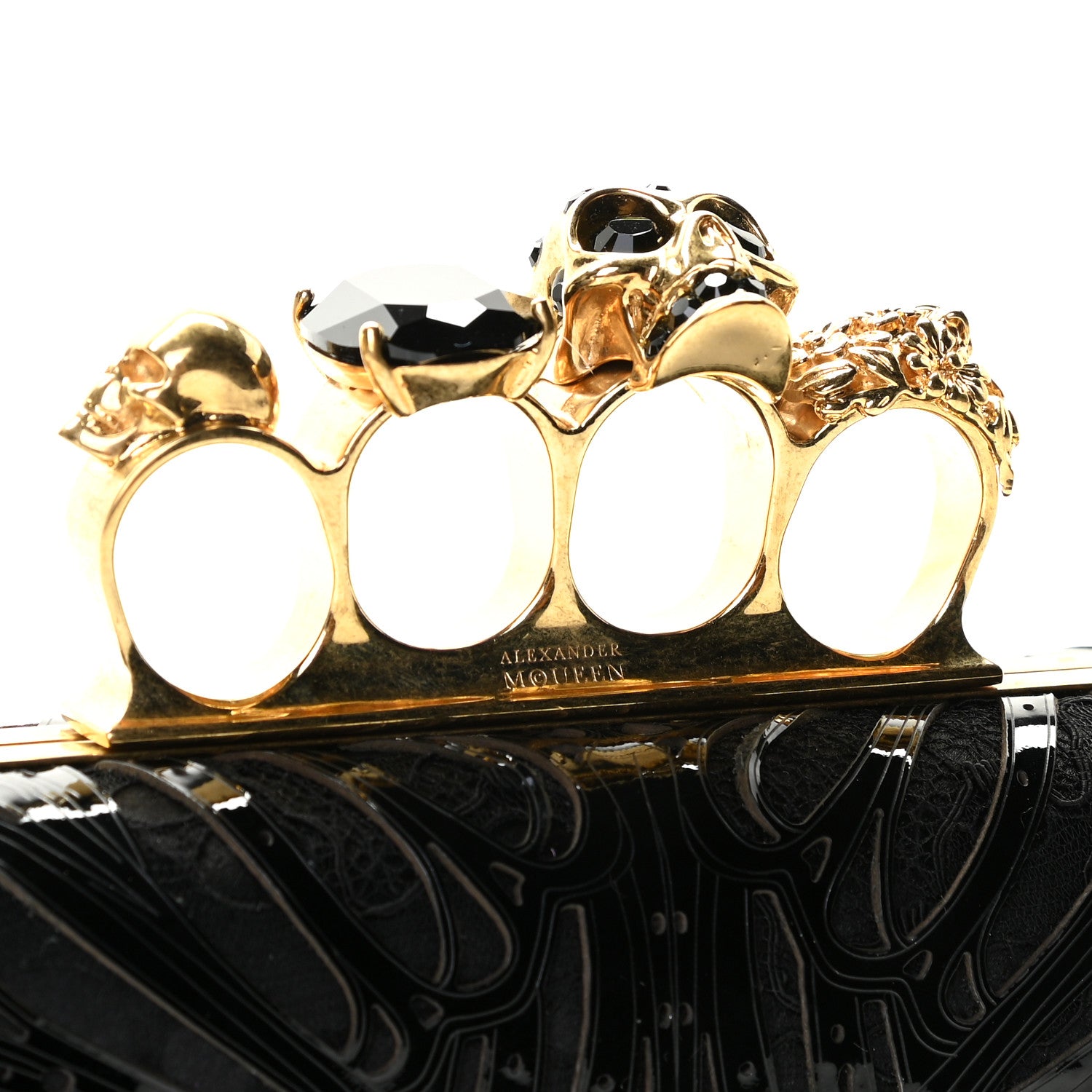 Alexander McQueen Satin Lace Patent Skull Knuckle Box Clutch Black 8 of 12