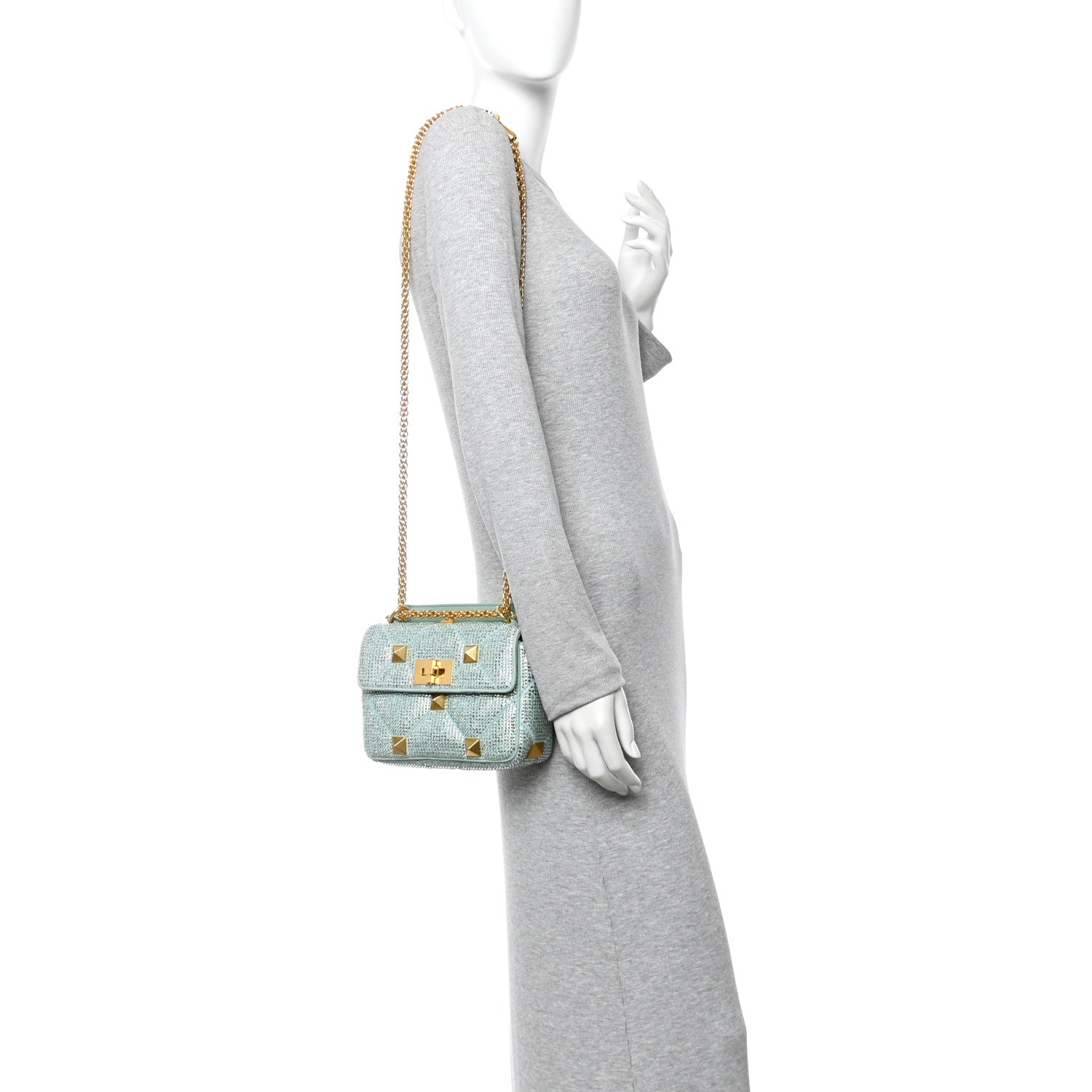 Valentino Garavani Crystal Suede Small Roman Stud Shoulder Bag Green 2 of 13