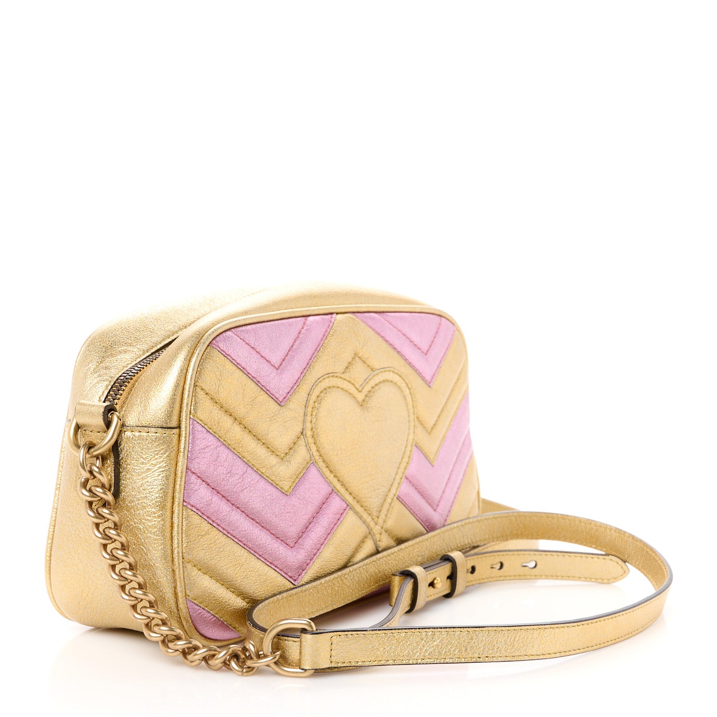 Metallic Nappa Matelasse Heart Small GG Marmont Chain Shoulder Bag Oro Vecchio Rosa