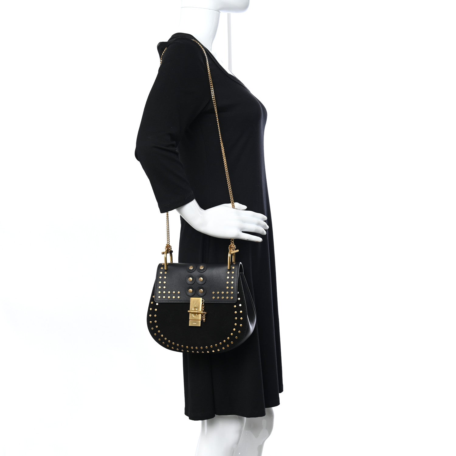 Chloe Suede Smooth Calfskin Studded Drew Shoulder Bag Black 2 of 11