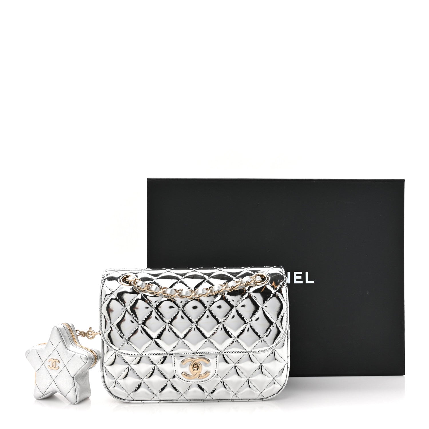 Chanel Mirror Calfskin Metallic Calfskin Medium Hollywood Boulevard Flap With Star Coin Purse Silvery 11 of 11