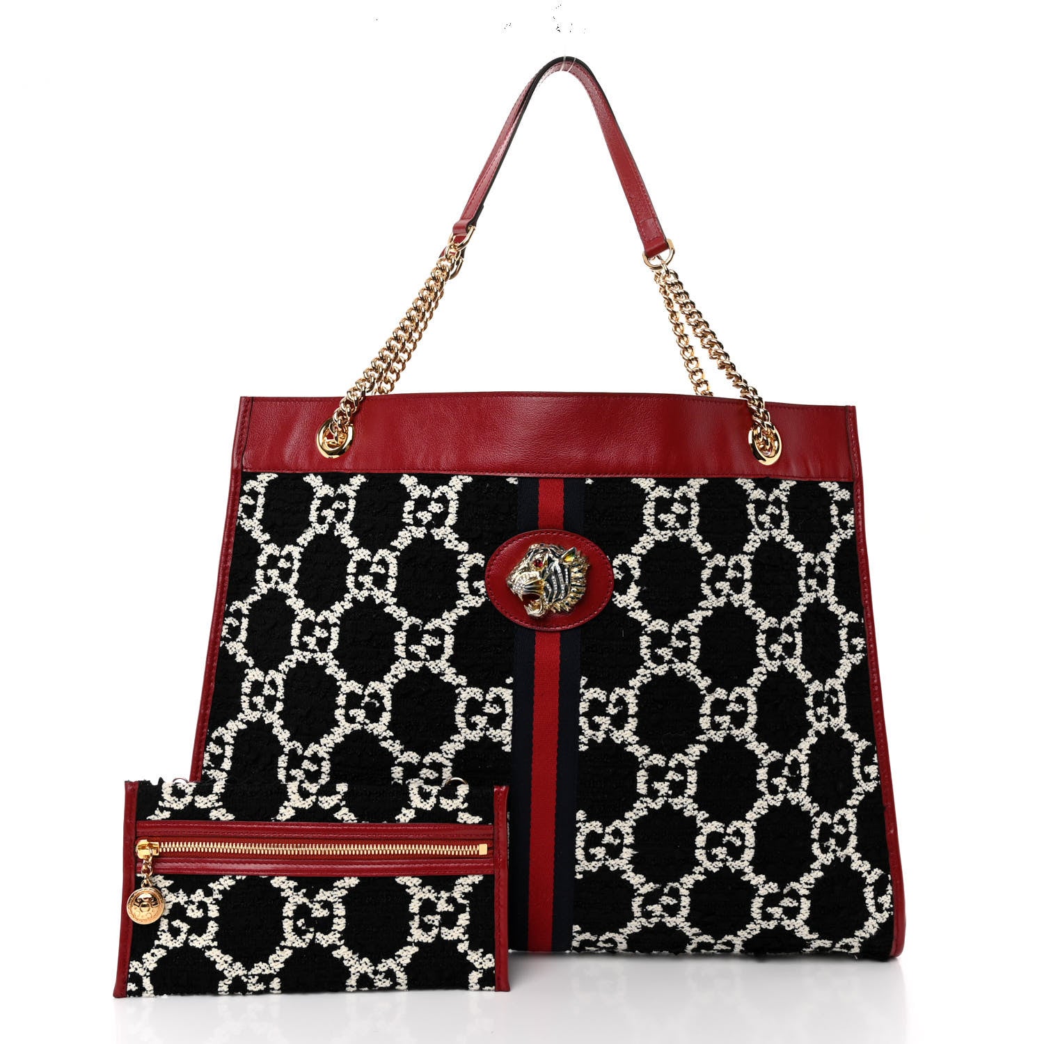 Gucci Tweed GG Monogram Large Rajah Chain Tote Romantic Cherry Black White 3 of 11