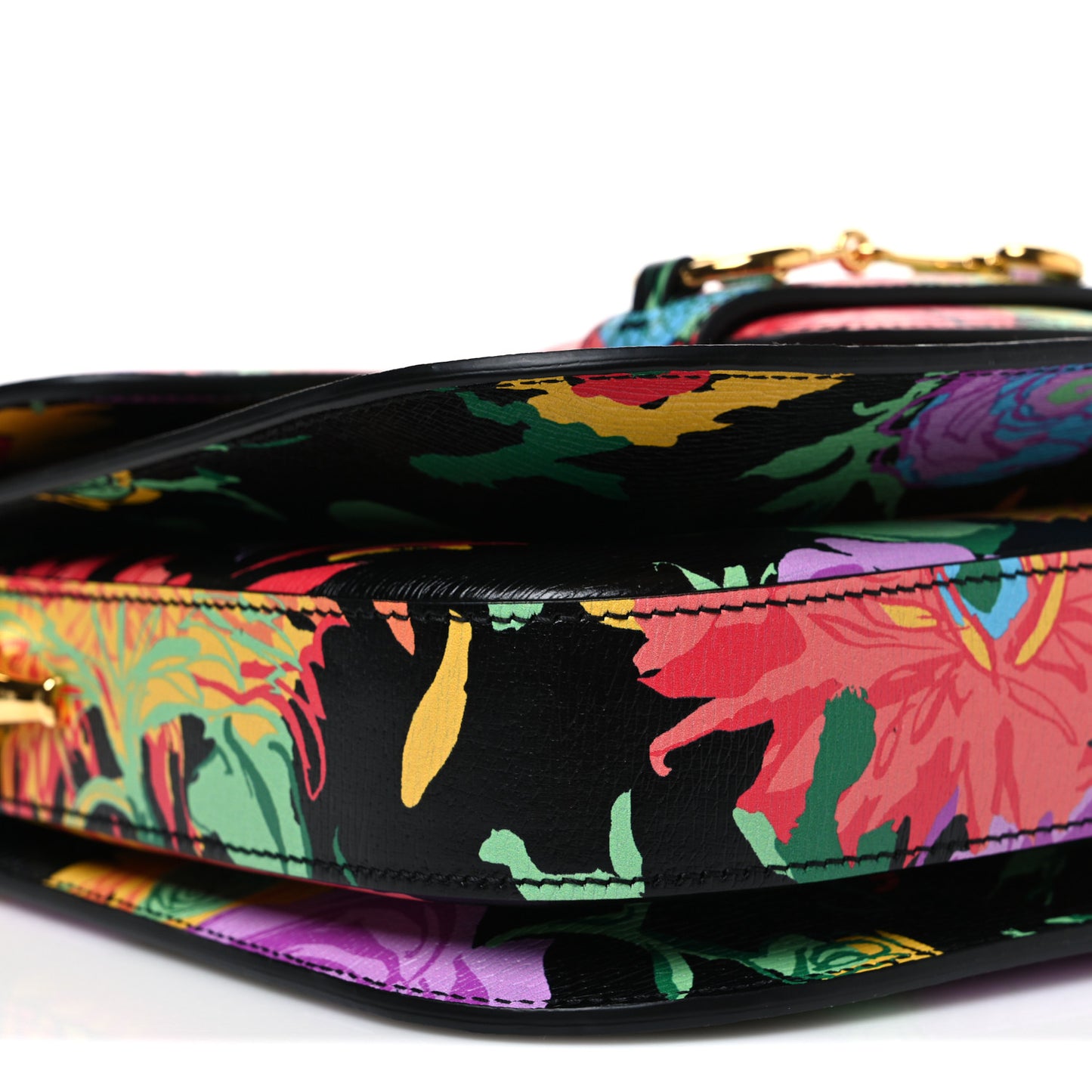 X KEN SCOTT New Shangai Calfskin Jenny Floral Print Horsebit 1955 Shoulder Bag Black Pink