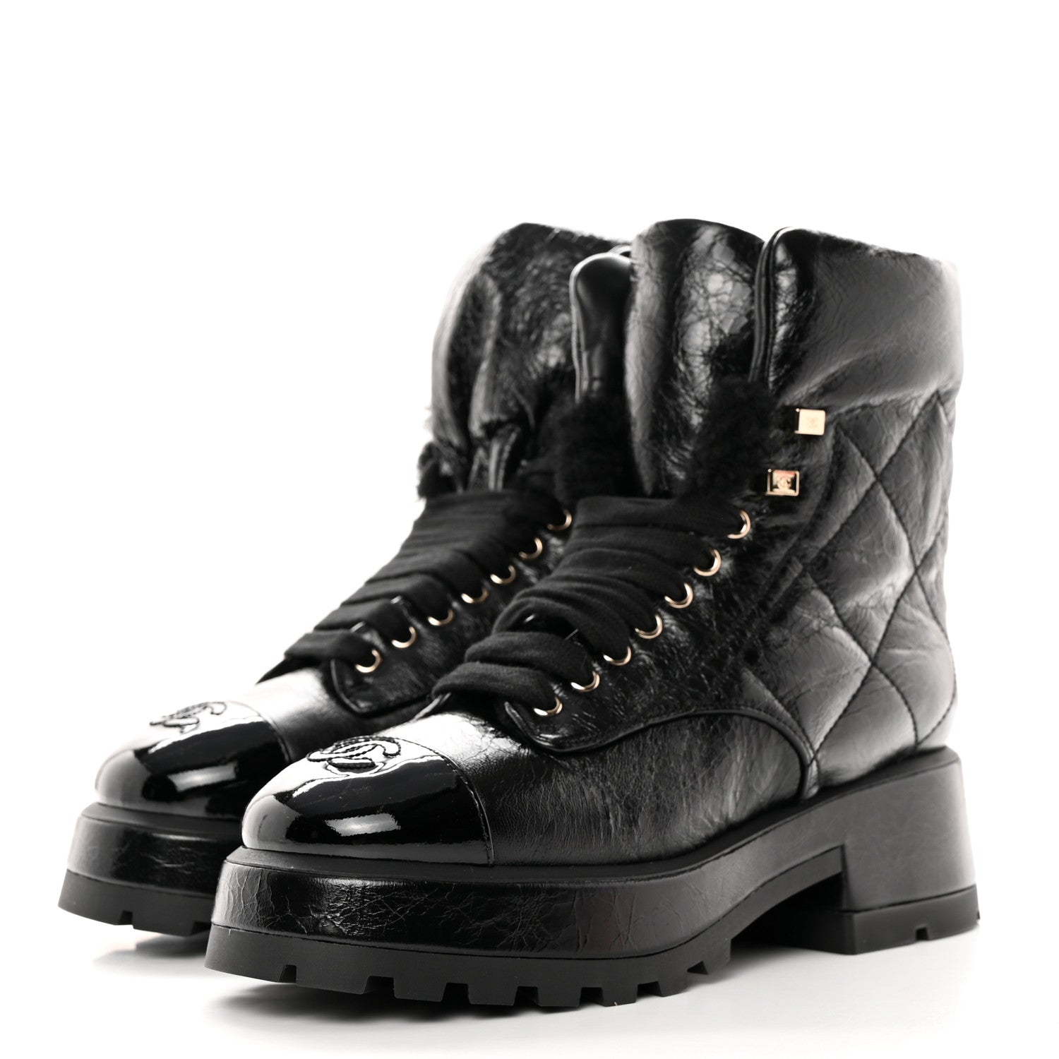 Chanel Crumpled Patent Lambskin Calfskin Quilted Lace Up Combat Boots 37.5 Black 3 of 10