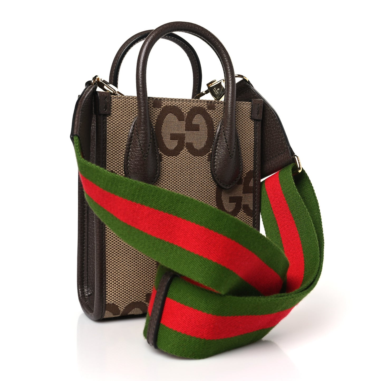 Monogram Jumbo GG Textured Dollar Calfskin Web Mini Vertical Tote Camel Ebony New Acero