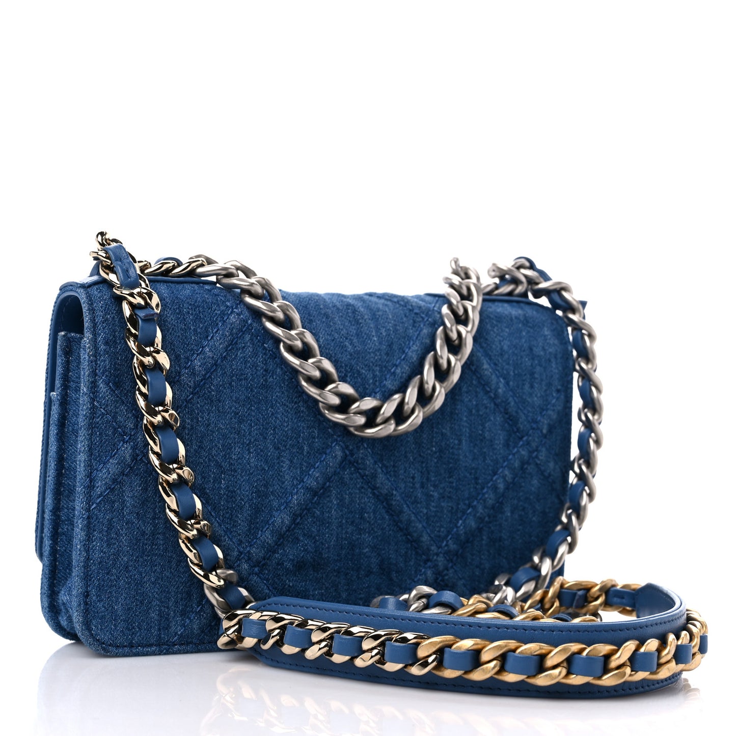 Denim Quilted Chanel 19 Wallet On Chain WOC Blue