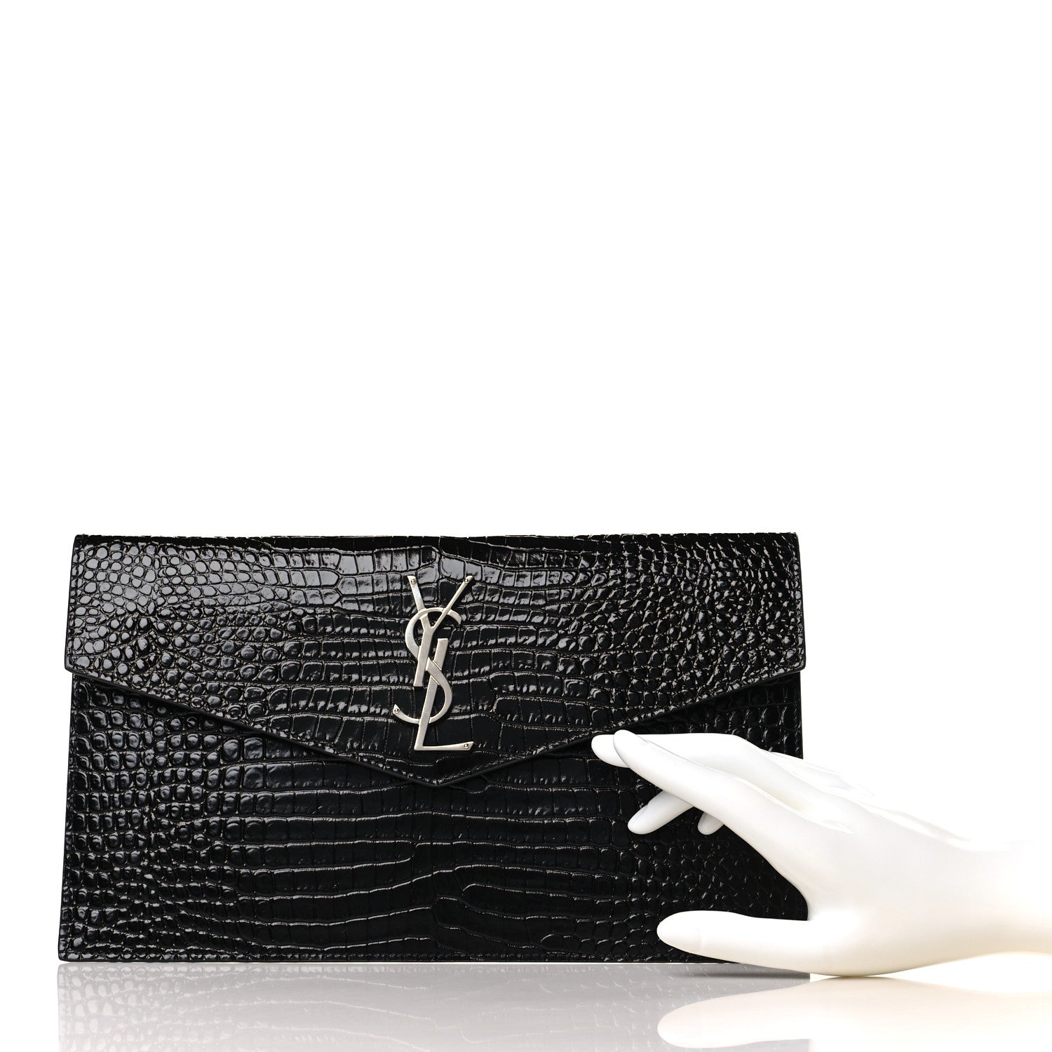 Saint Laurent Calfskin Crocodile Embossed Uptown Monogram Pouch Black 2 of 7