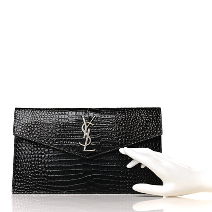 Saint Laurent Calfskin Crocodile Embossed Uptown Monogram Pouch Black 2 of 7