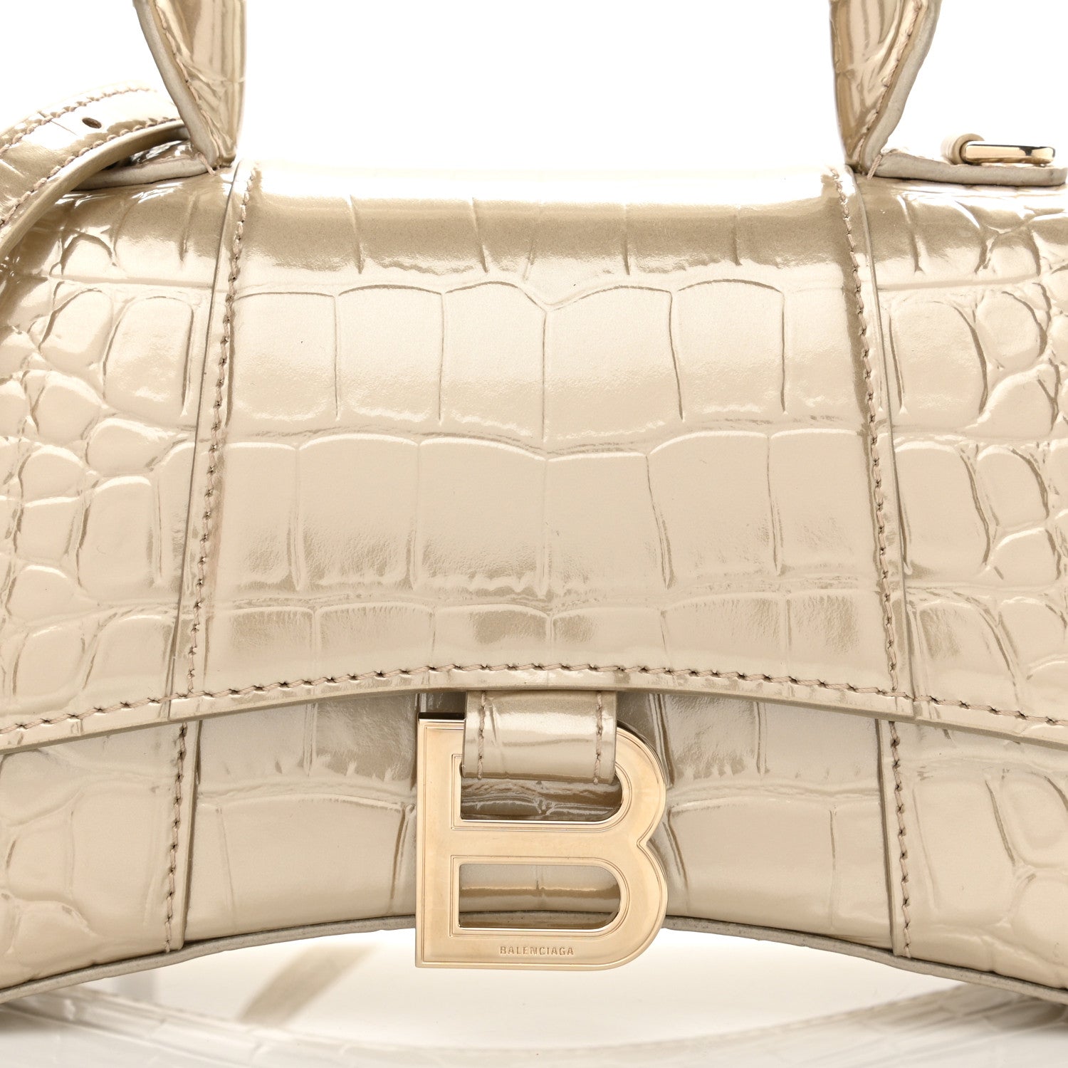 Balenciaga Metallic Shiny Calfskin Crocodile Embossed Hourglass Top Handle Bag XS Light Gold 17 of 23