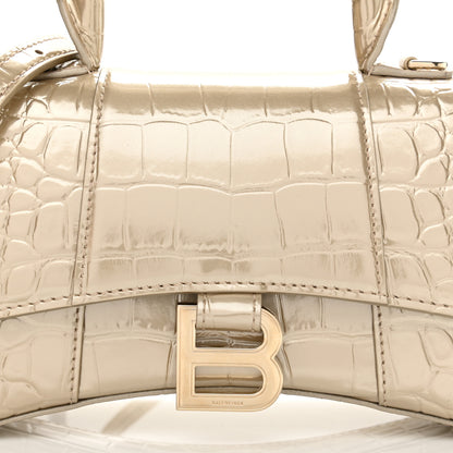 Balenciaga Metallic Shiny Calfskin Crocodile Embossed Hourglass Top Handle Bag XS Light Gold 17 of 23
