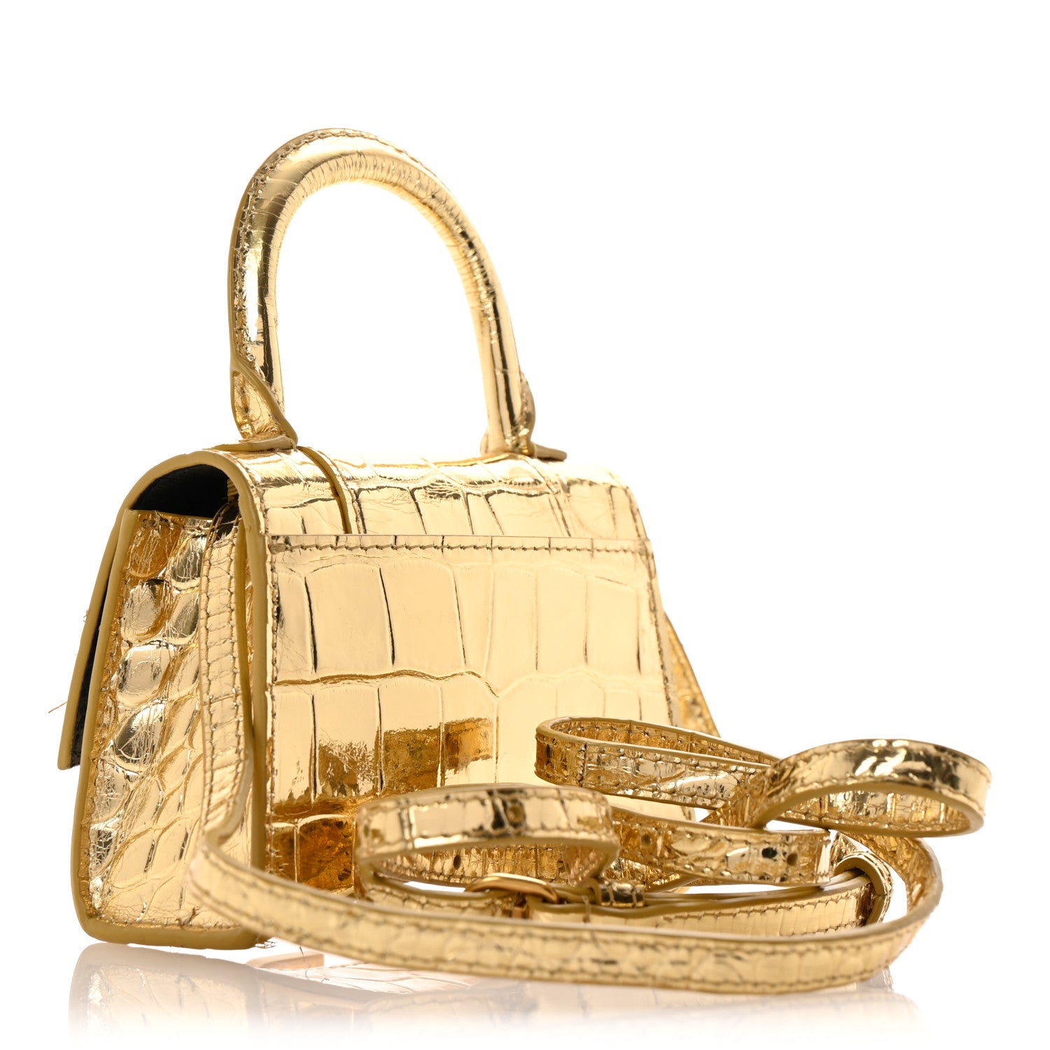 Balenciaga Metallic Calfskin Crocodile Embossed Hourglass Top Handle Bag Mini Gold 3 of 14