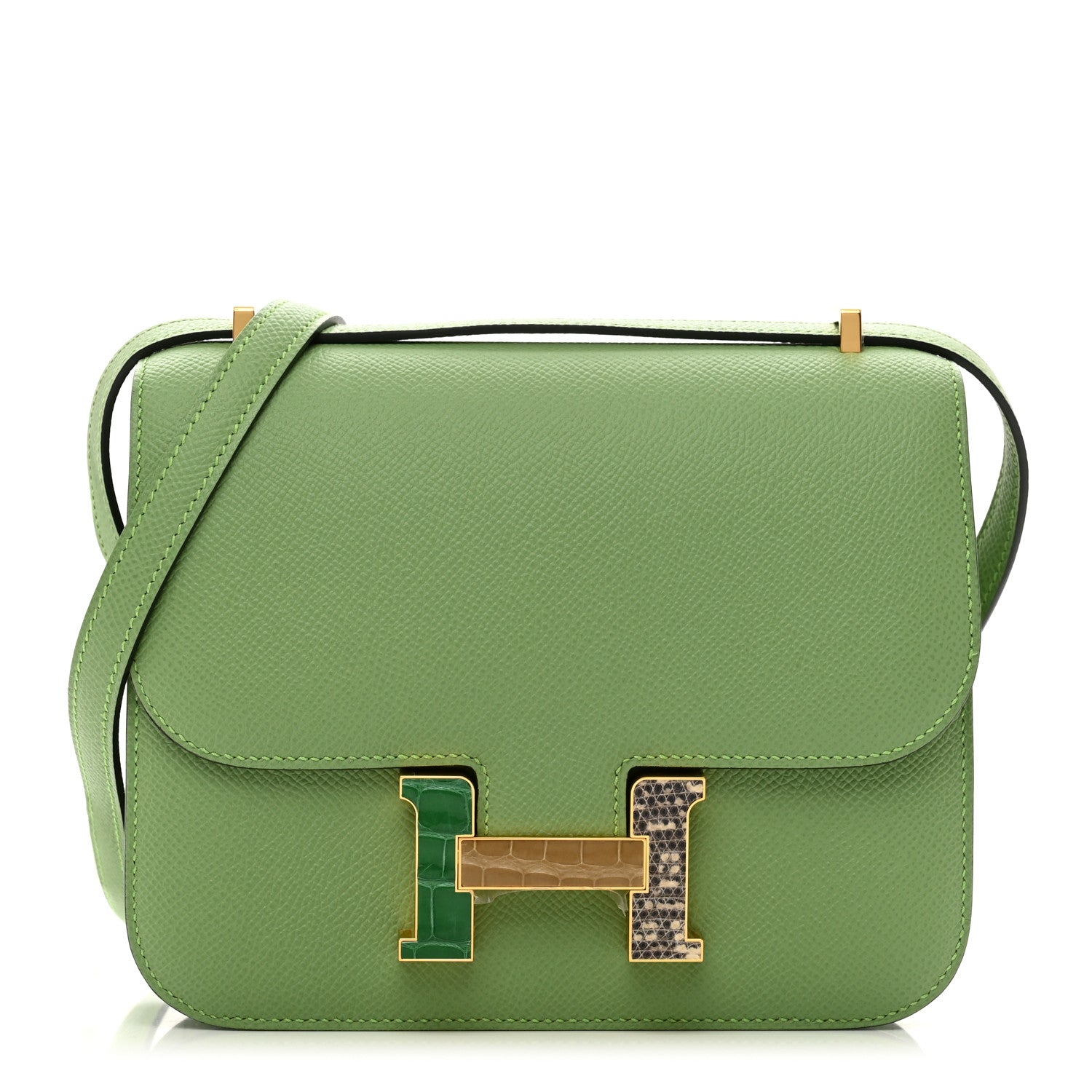 Hermes Epsom Shiny Alligator Lizard Constance 18 Vert Criquet Cactus Beige Sable Ombre 3 of 12