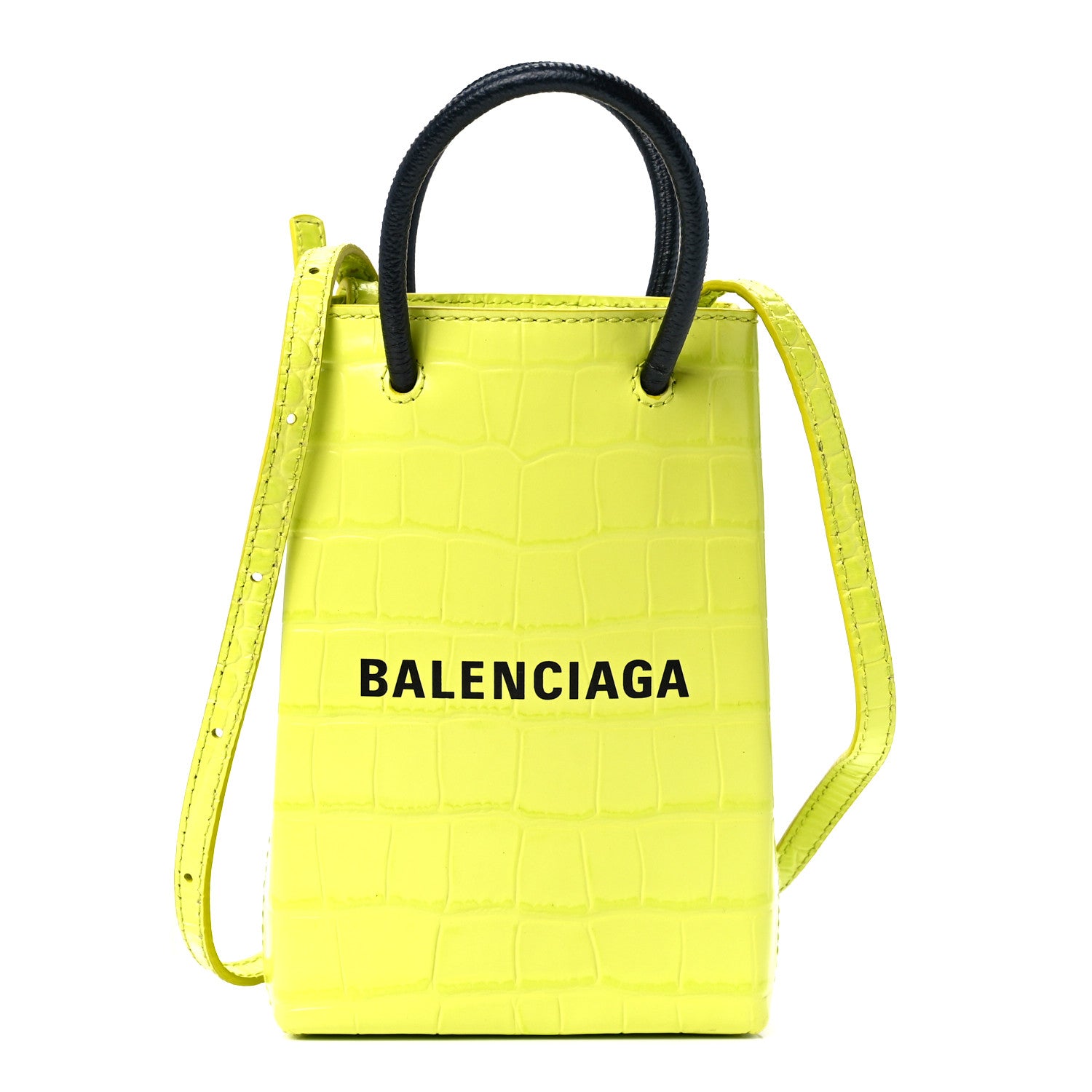 Balenciaga Calfskin Crocodile Embossed Logo Shopping Phone Holder Bag Lime 1 of 10