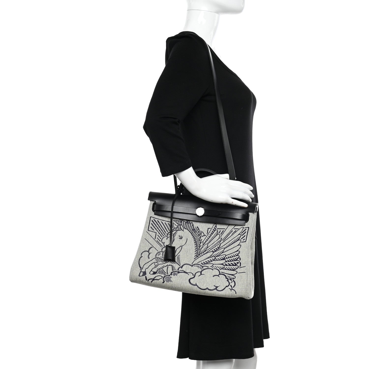 Hermes Vache Hunter Toile H Pegase Pop Herbag Zip Retourne 31 PM Bleu Indigo Ecru Black 2 of 12