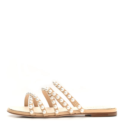 Chanel Crackled Lambskin Pearl Mule Sandals 35.5 Beige 1 of 11