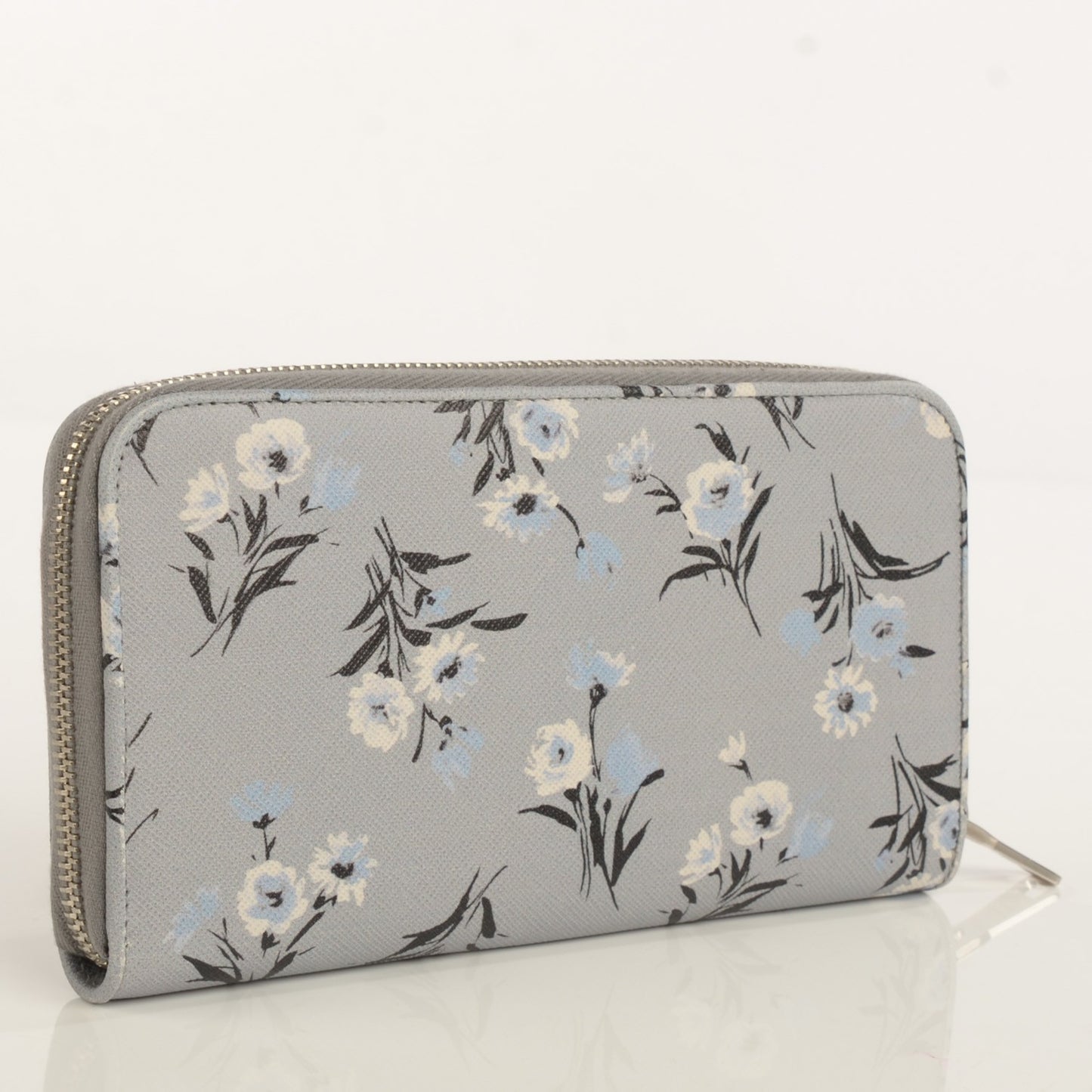 Saffiano Floral Print Metal Zip Around Wallet Acciaio