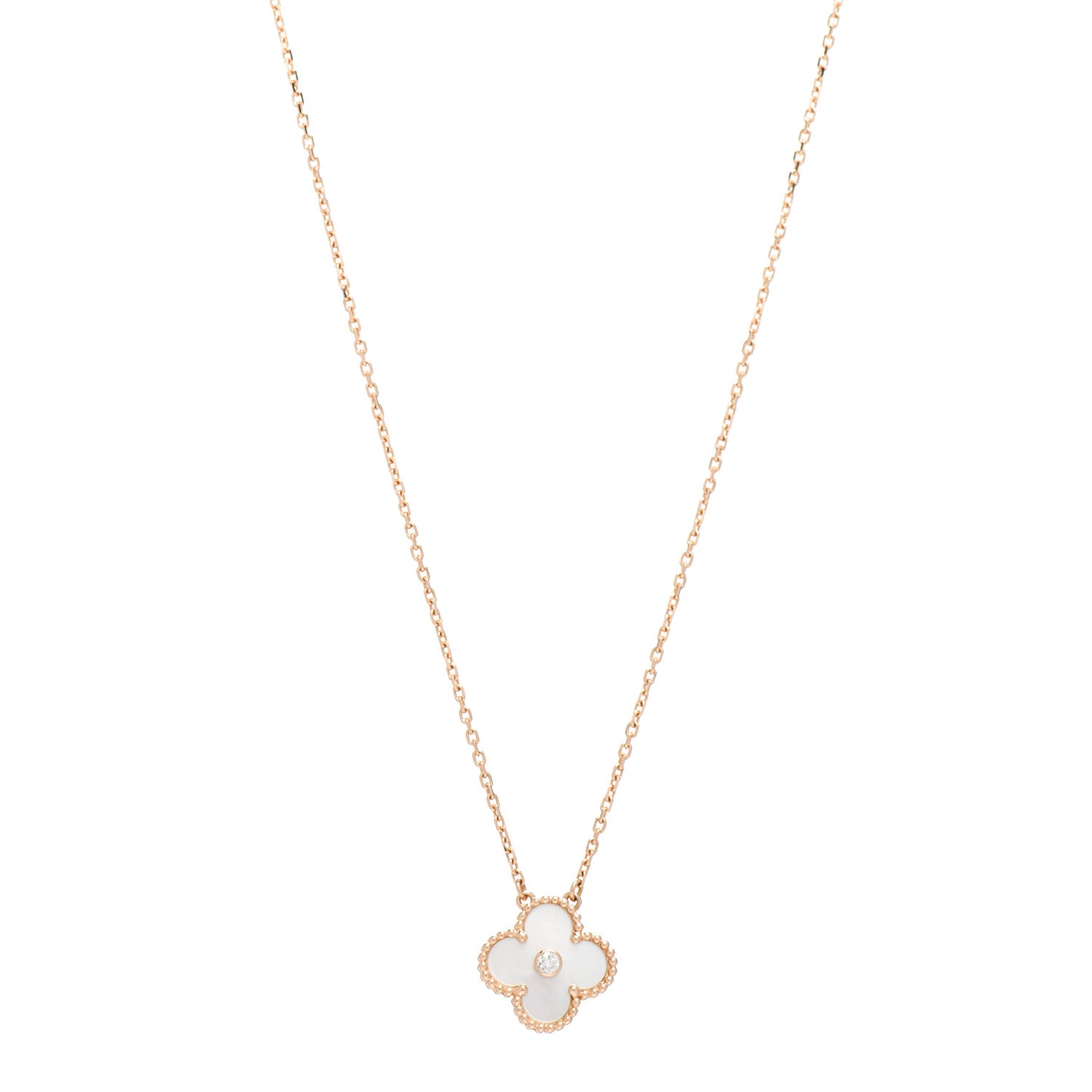 18K Rose Gold Diamond Mother of Pearl Vintage Alhambra Pendant Necklace