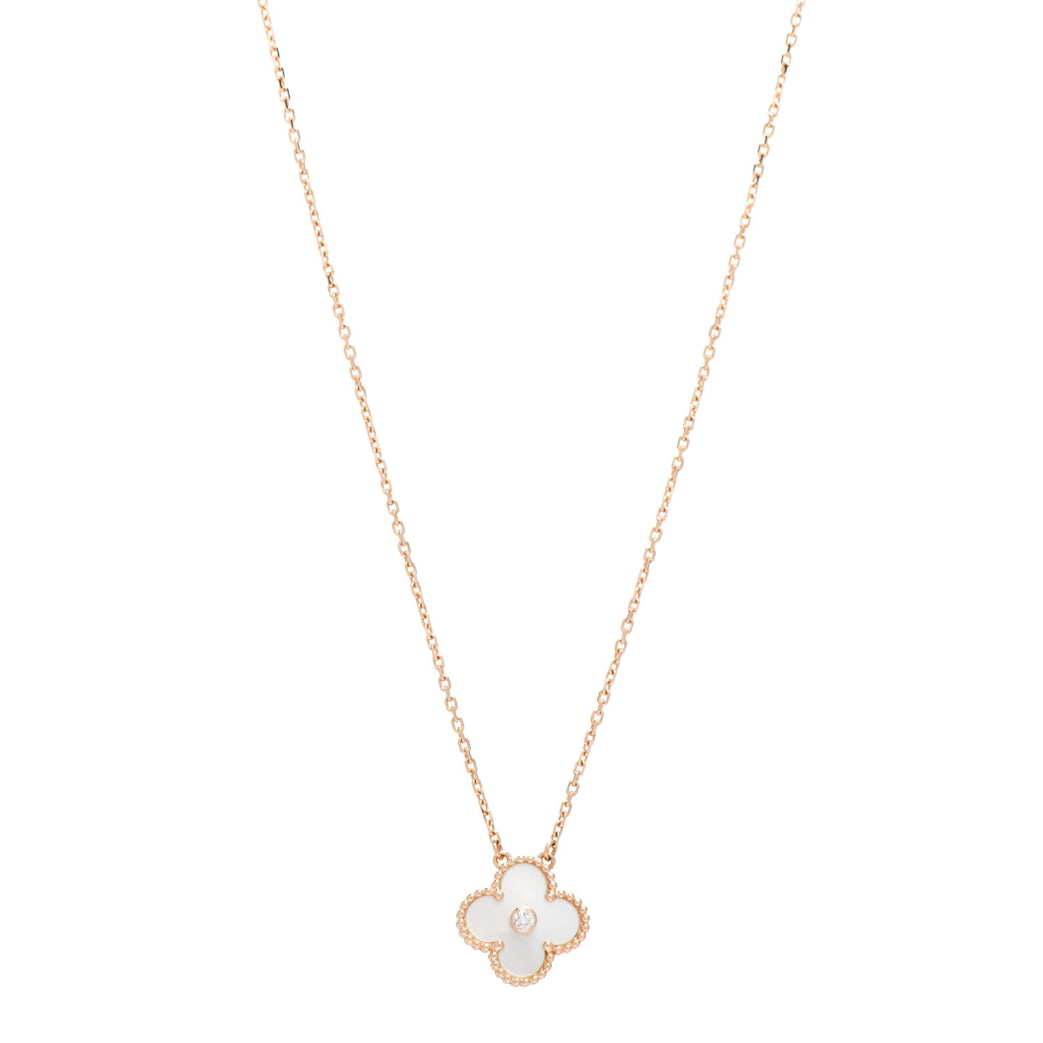 Van Cleef & Arpels 18K Rose Gold Diamond Mother of Pearl Vintage Alhambra Pendant Necklace 1 of 4