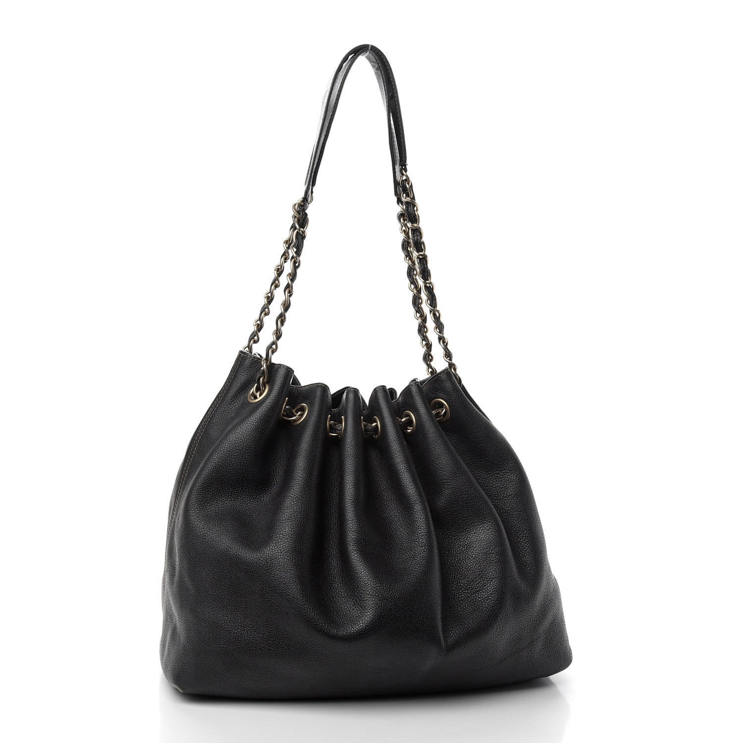 Grained Calfskin CC Drawstring Bucket Bag Black