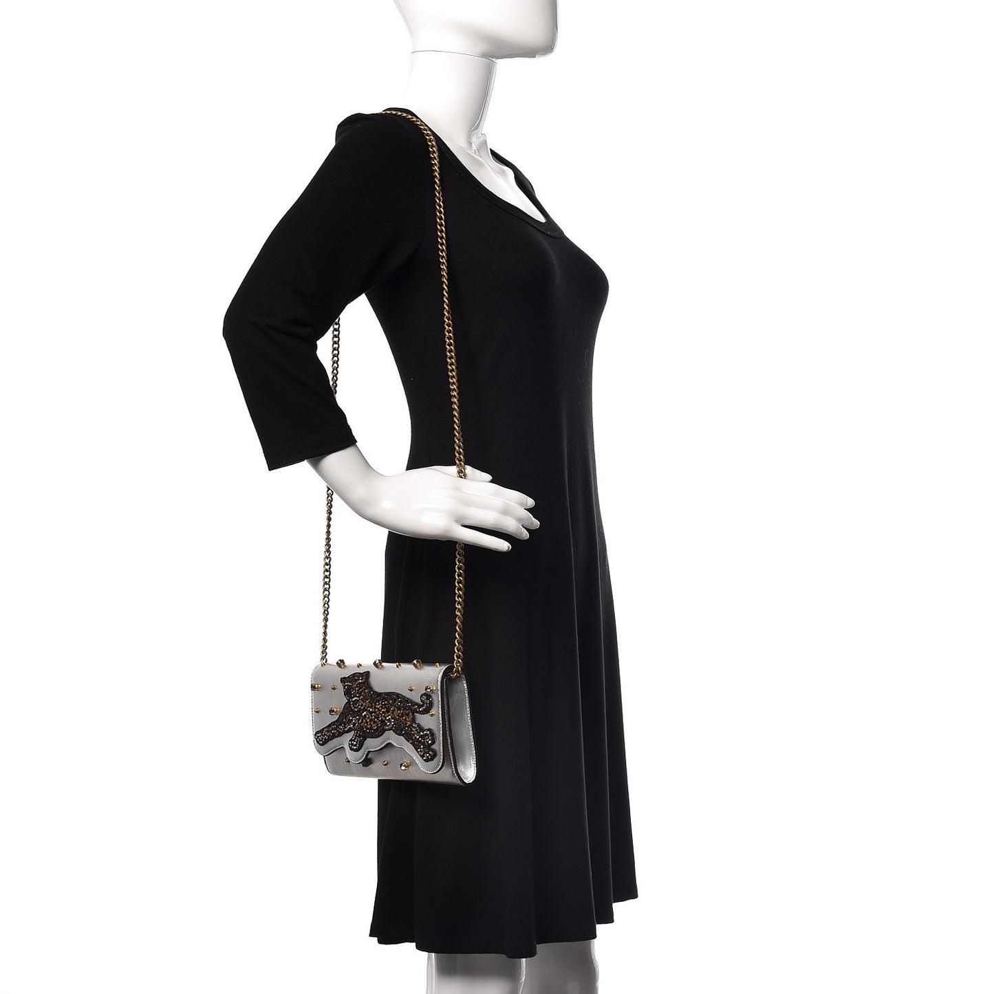Metallic Nappa Embellished Tiger Broadway Chain Clutch Silver