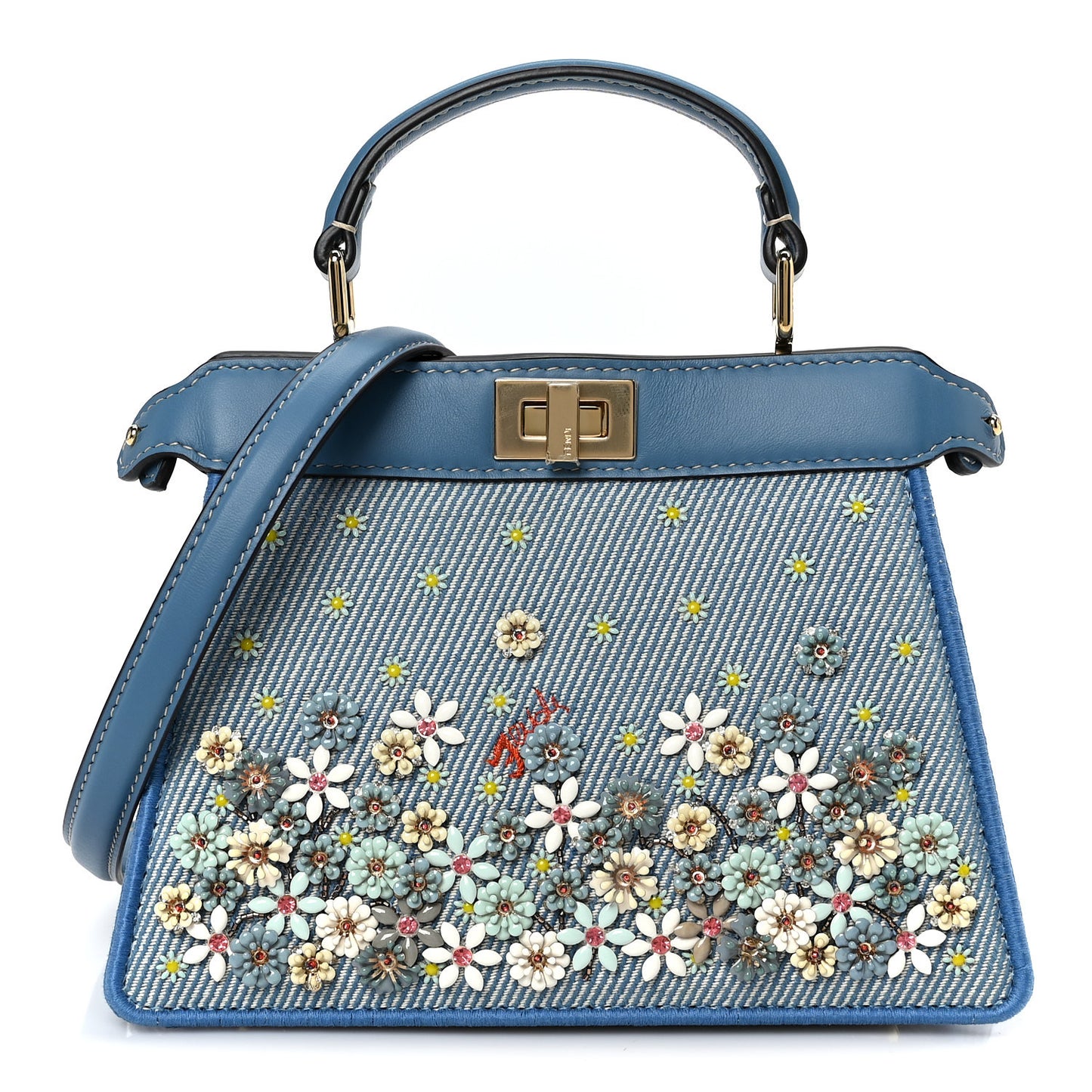 Denim Nappa Floral Embroidered Petite Peekaboo I SEE U Satchel Blue