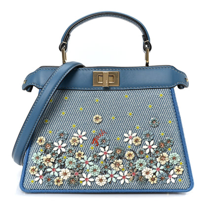 Fendi Denim Nappa Floral Embroidered Petite Peekaboo I SEE U Satchel Blue 1 of 10