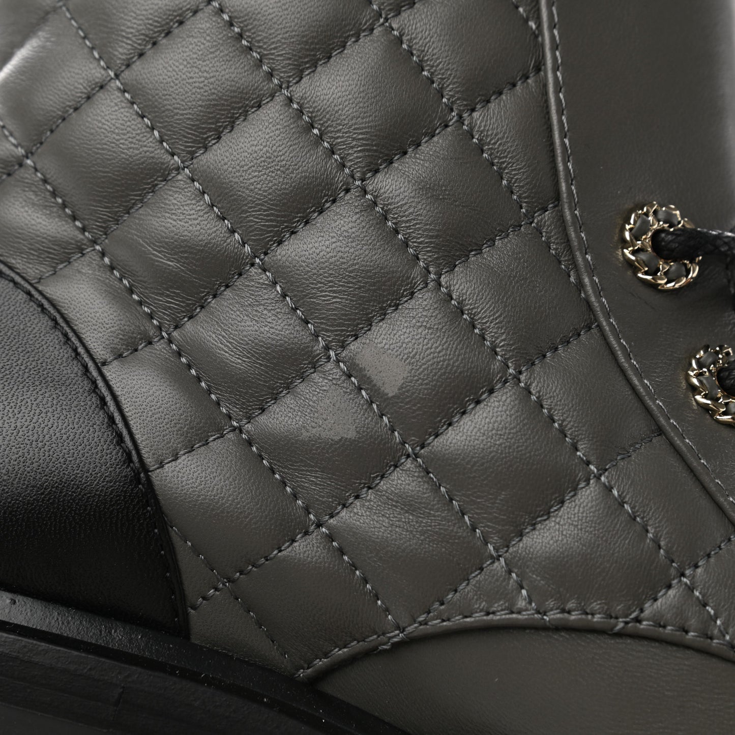Shiny Lambskin Quilted Lace Up Combat Boots 38.5 Grey Black